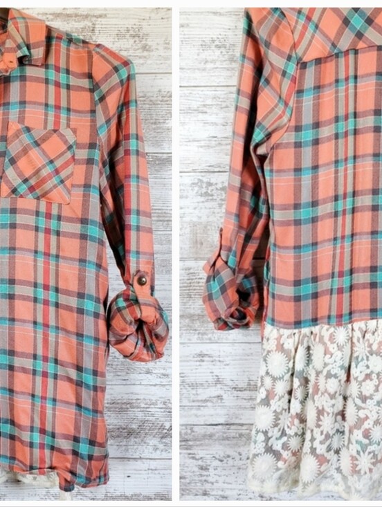 Matilda Jane Tops - NWT Matilda Jane Noble Plaid Flannel Lace Tunic Top Coral Aqua Boho Blouse